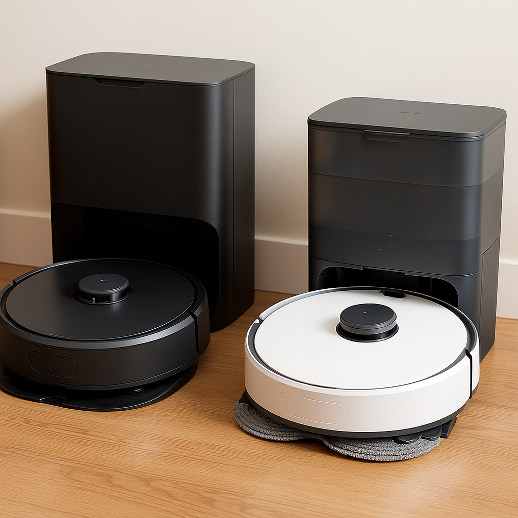 Two robot vacuums with self-cleaning mop stations on hardwood floor in a modern UK home interior