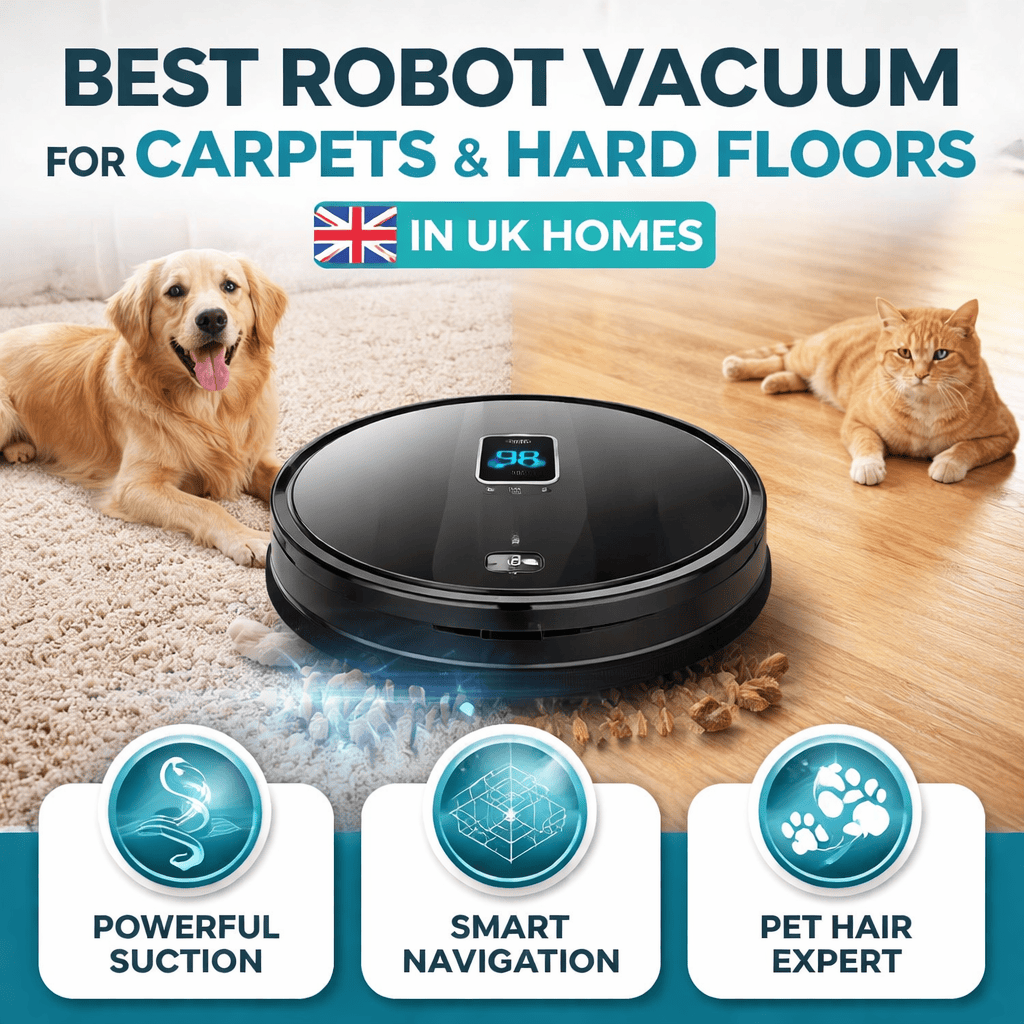 Best robot vacuum for carpets and hard floors in UK homes, showing Lefant M2 Pro cleaning carpet and wooden floor
