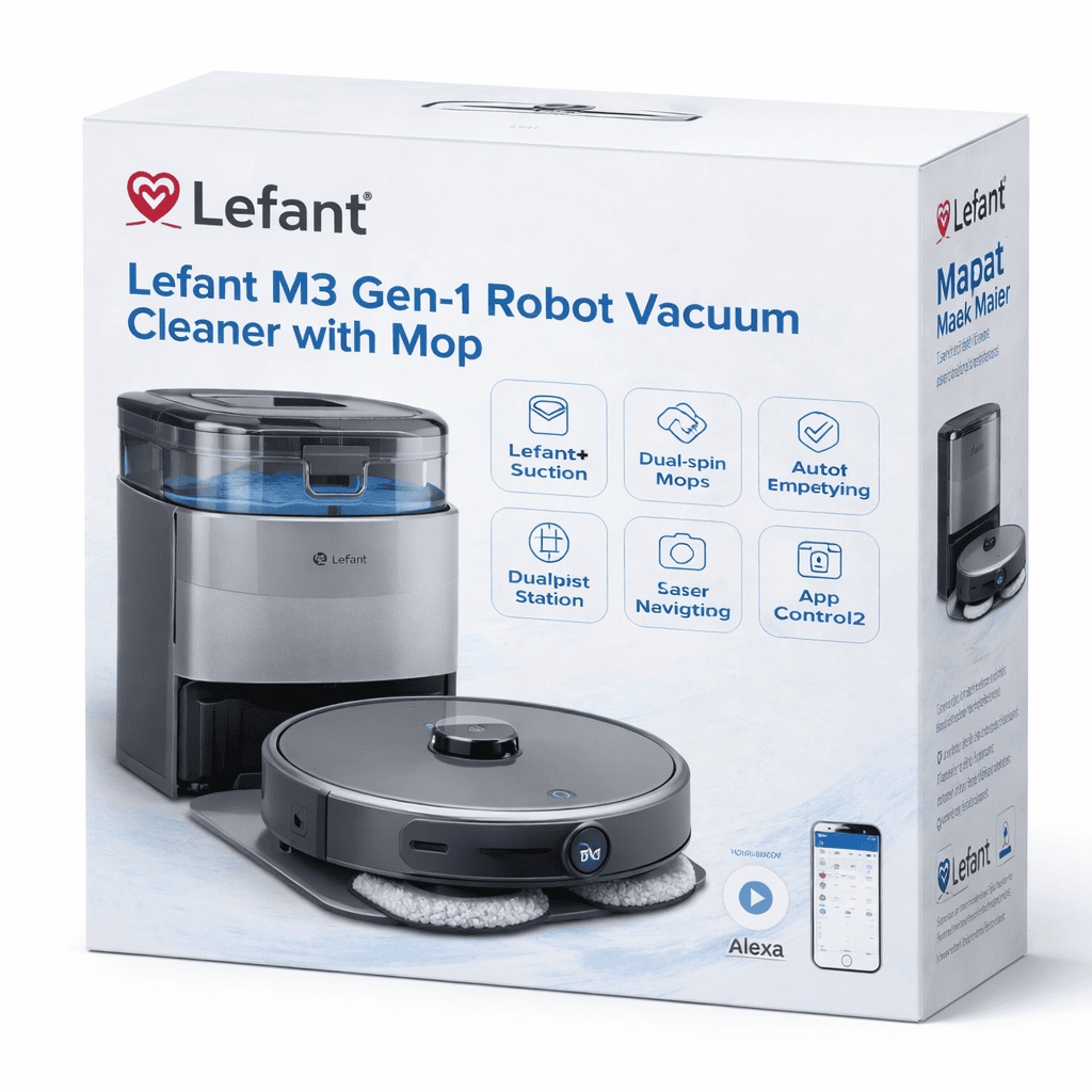 Lefant M3 Max Gen-1 best rated robot vacuum cleaner with mop and self-emptying station, featuring 15000Pa suction and dual-spin mops
