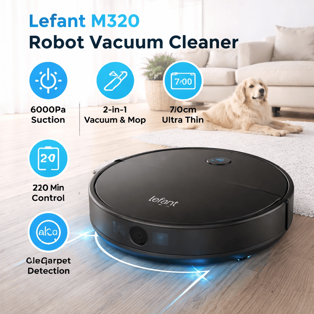 Lefant M320 best robot vacuum cleaner and mop with 6000Pa suction, ultra-thin design and pet hair cleaning for UK homes