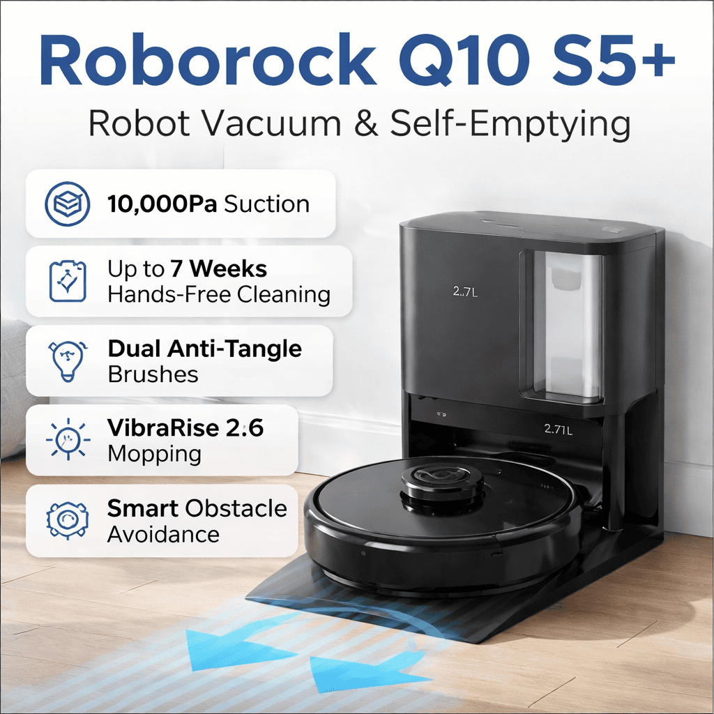 Roborock Q10 S5+ VibraRise 2.0 mopping system with automatic mop lifting on carpets