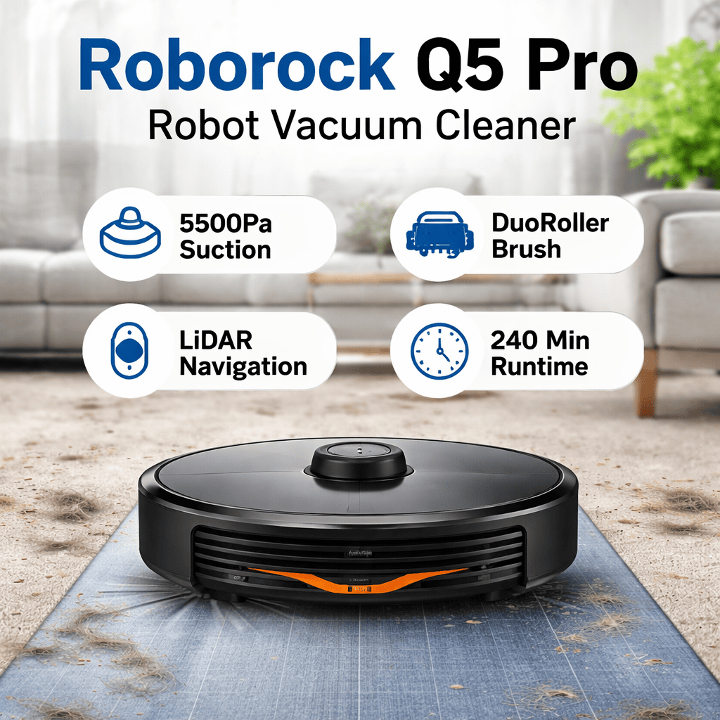 Roborock Q5 Pro robot vacuum cleaner cleaning pet hair on carpet in a UK home