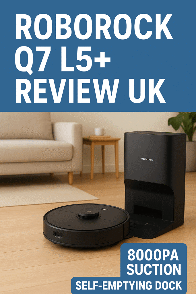Roborock Q7 L5+ Robot Vacuum Cleaner with Mop featuring 8000Pa suction, self-emptying dock and LiDAR navigation – product illustration for UK review.