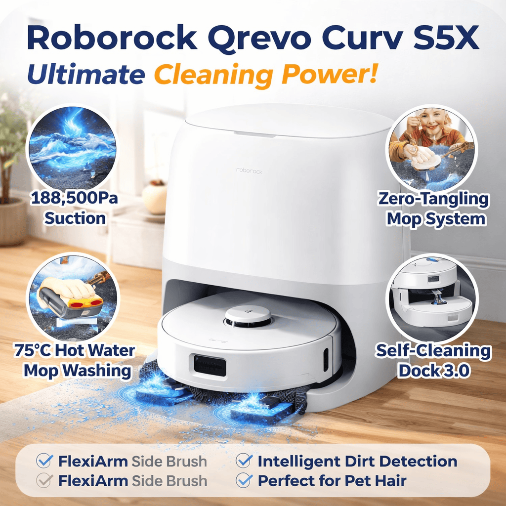 Roborock Qrevo Curv S5X robot vacuum and mop with self-cleaning dock, designed for hands-free cleaning in UK homes
