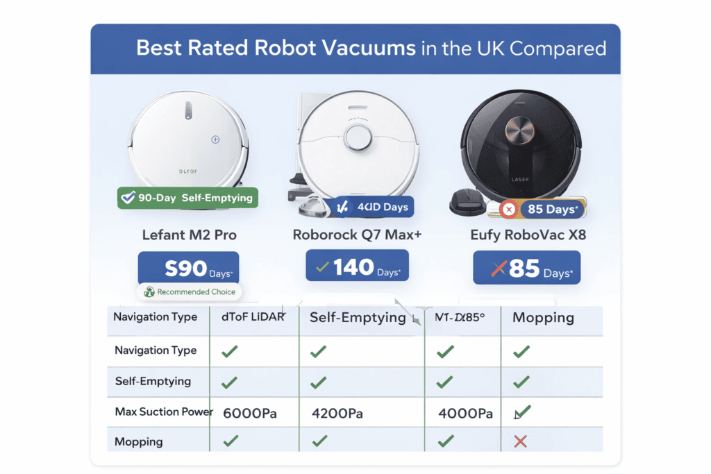 Best rated robot vacuums in the UK compared, showing Lefant M2 Pro, Roborock, and Eufy models with key features