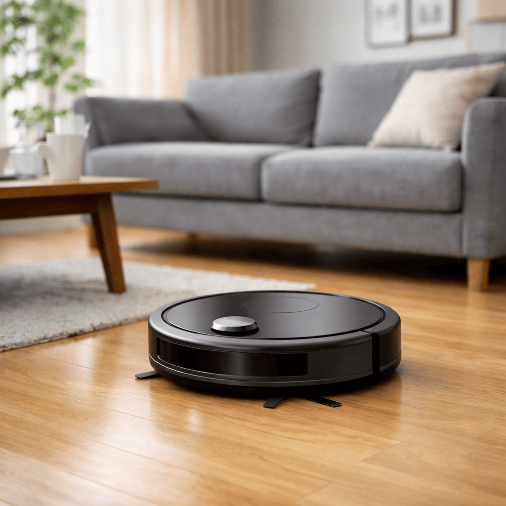 Robot vacuum cleaner running in a modern UK living room for everyday cleaning