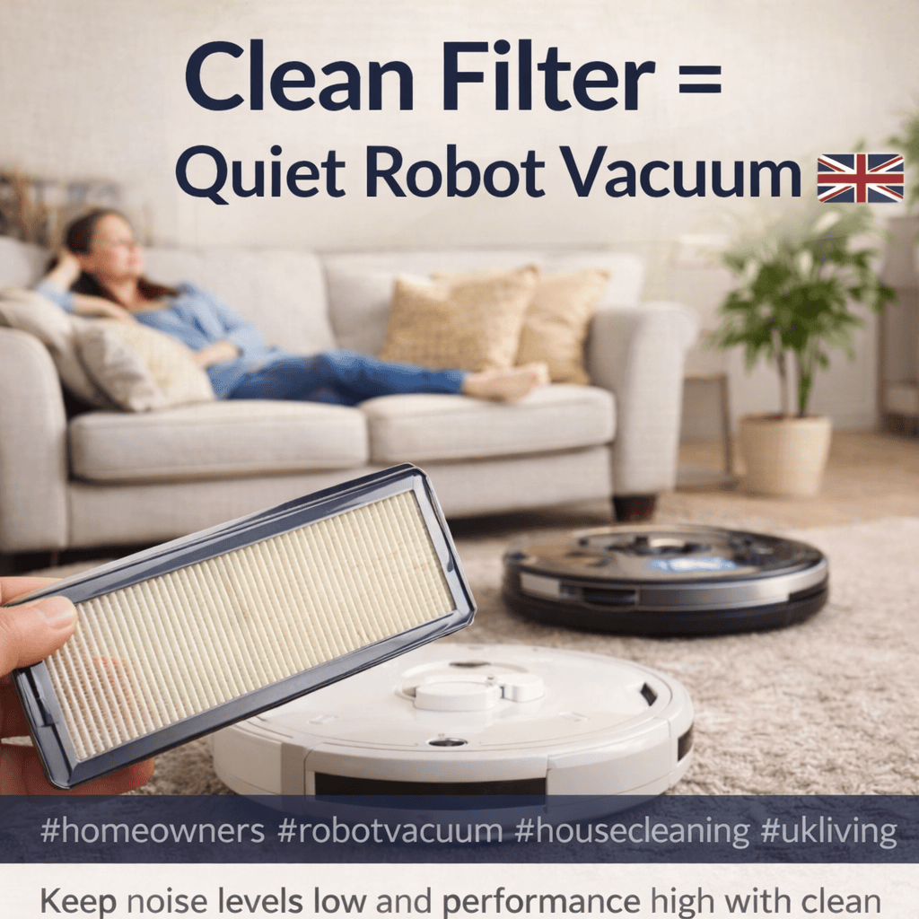 quiet robot vacuum cleaning with clean filter in a UK living room
