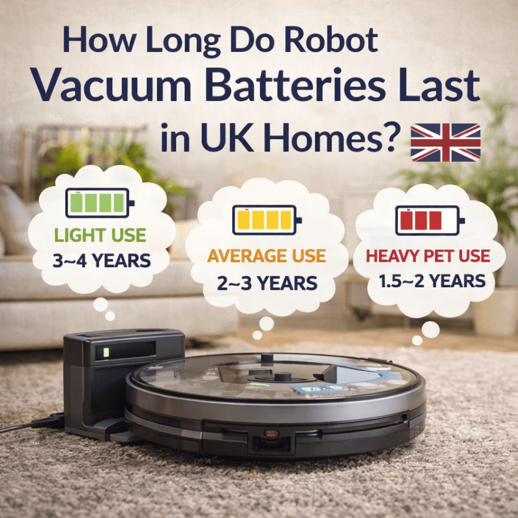 robot vacuum battery lifespan in UK homes showing typical usage duration