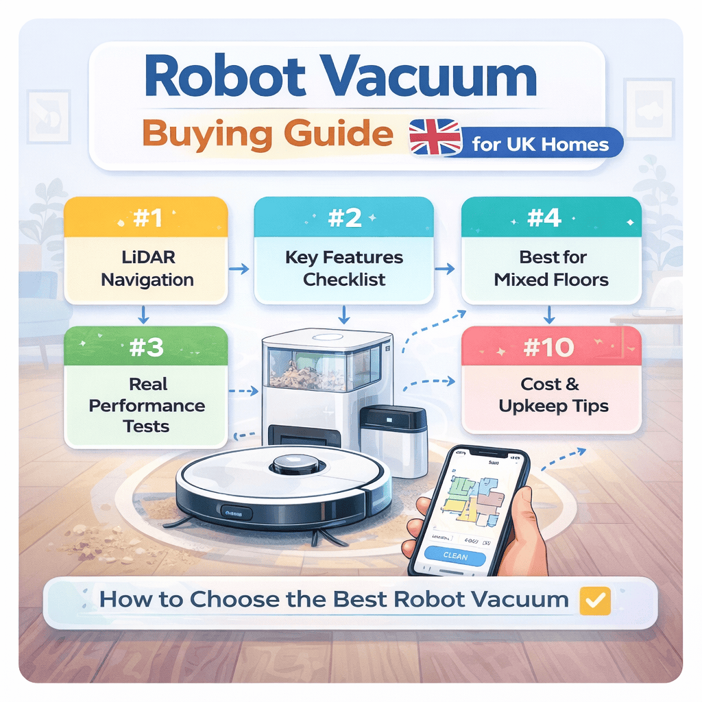 Robot vacuum buying guide for UK homes showing key features, navigation types, and cleaning performance tips