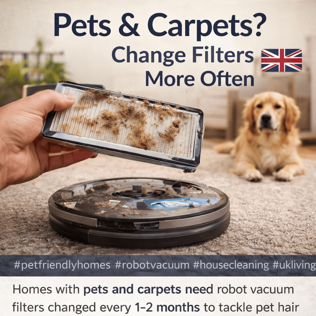 robot vacuum filter clogged with pet hair on carpet in UK homes
