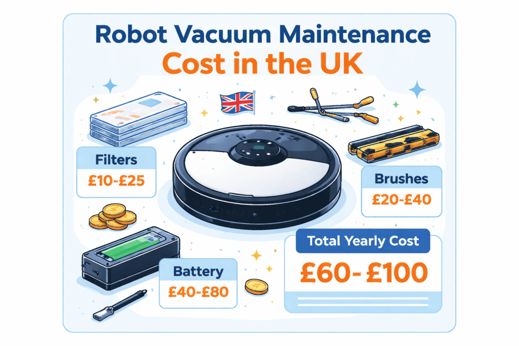 Robot vacuum maintenance cost in the UK showing typical yearly expenses for filters, brushes, and battery replacement