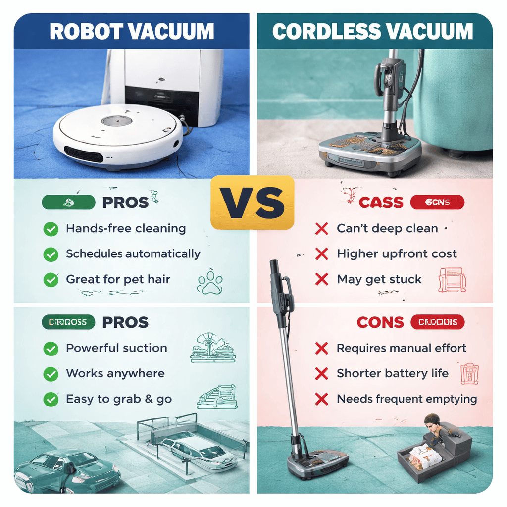Robot vacuum vs cordless vacuum comparison showing pros and cons for UK homes, including hands-free cleaning, pet hair handling, and manual deep cleaning.